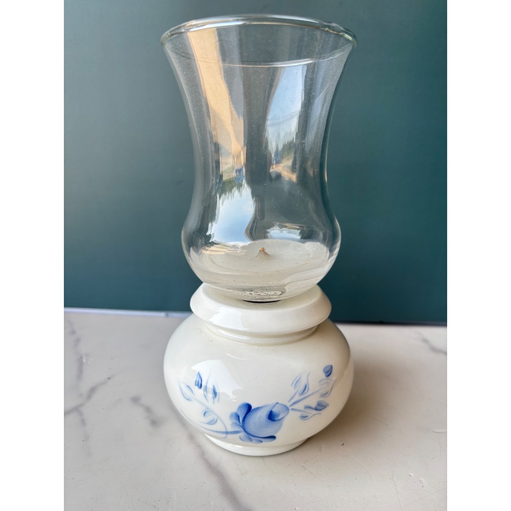 Vintage Hurricane Candle Holder Blue Floral Ceramic Hand Painted USA
